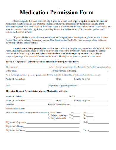 sample medication permission form template