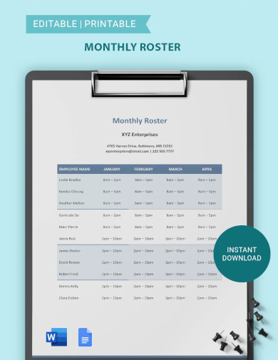 sample monthly roster template