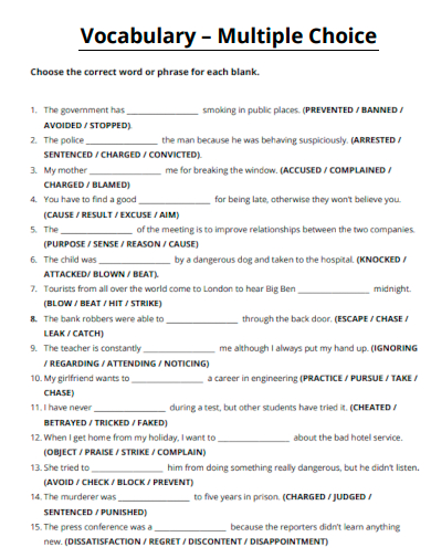sample multiple choice vocabulary worksheet template