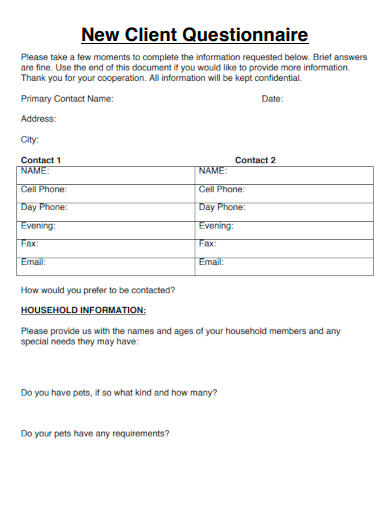 sample new client questionnaire template