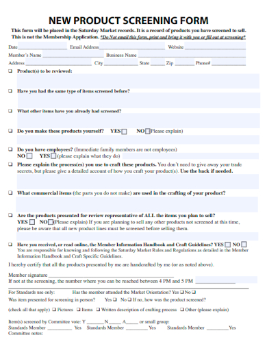 sample new product screening form template