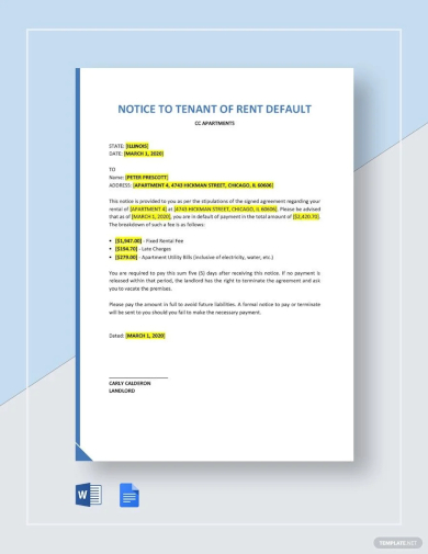 sample notice to tenant of rent default template