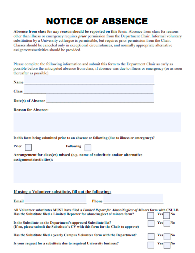 sample notice of absence form template