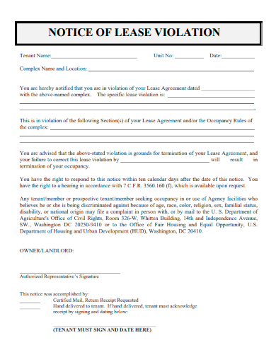 sample notice of tenant lease violation template