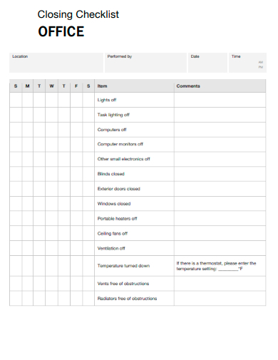 sample office closing checklist template