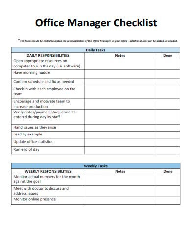 sample office manager checklist template