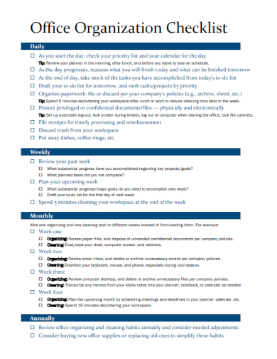 sample office organization checklist template