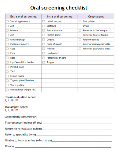sample oral screening checklist template