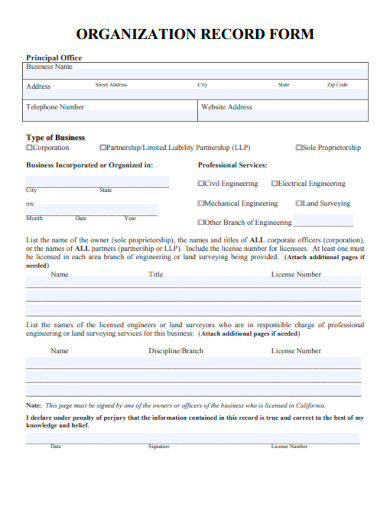 sample organization record form template
