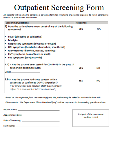 sample outpatient screening form template