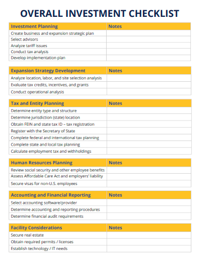 sample overall investment checklist template