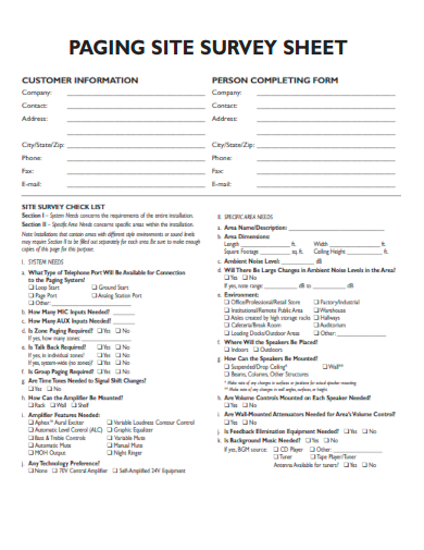 sample paging site survey form template