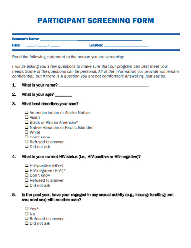 sample participant screening form template