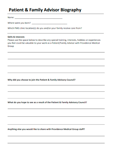 sample patient family advisor biography form template