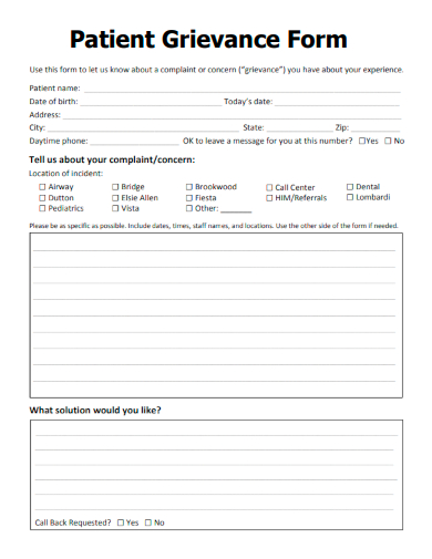sample patient grievance form template