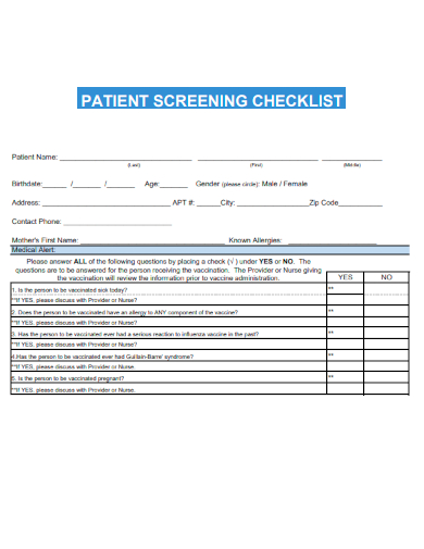 sample patient screening checklist template