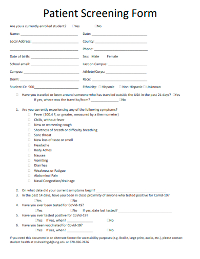 sample patient screening form template