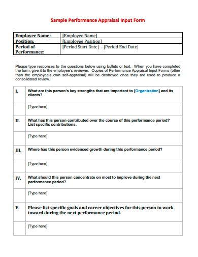 sample performance appraisal input form template