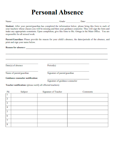 sample personal absence form template