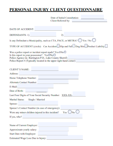 sample personal injury client questionnaire template