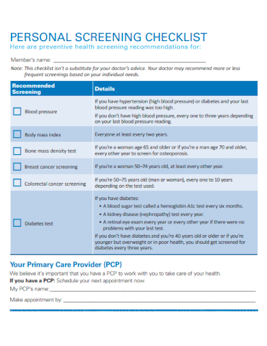 sample personal screening checklist template