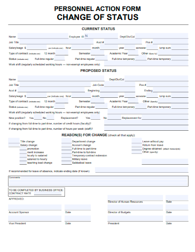 sample personnel action form change of status template