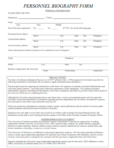 sample personnel biography form template