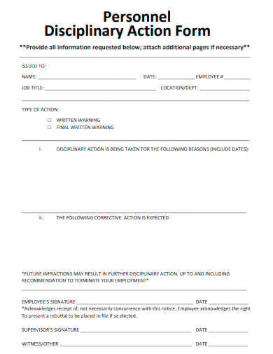 sample personnel disciplinary action form template