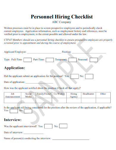 sample personnel hiring checklist template