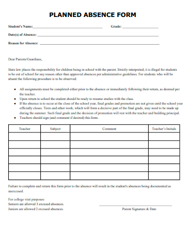 sample planned absence form template