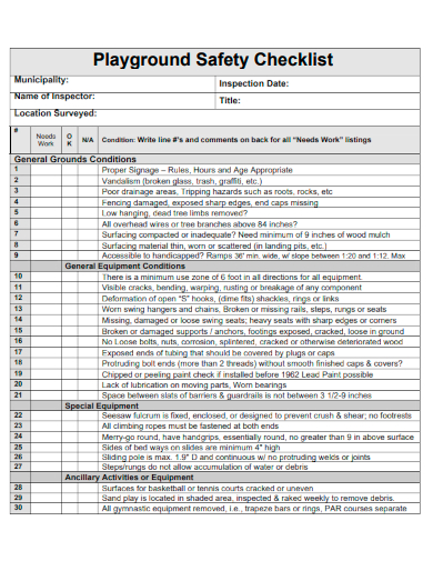 sample playground safety checklist template