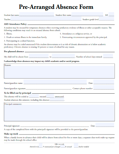 sample pre arranged absence form template