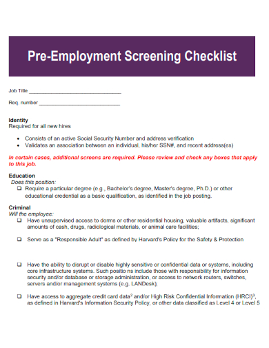 sample pre employment screening checklist template