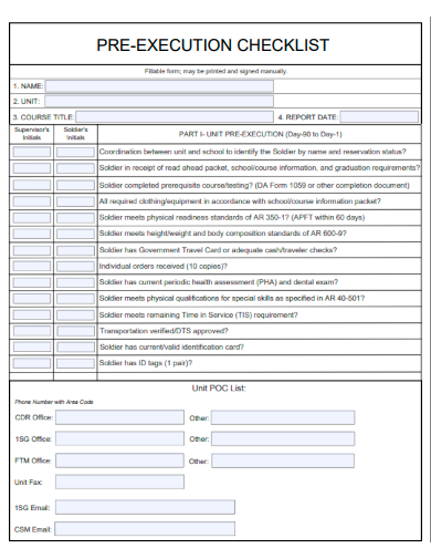 sample pre execution checklist form template