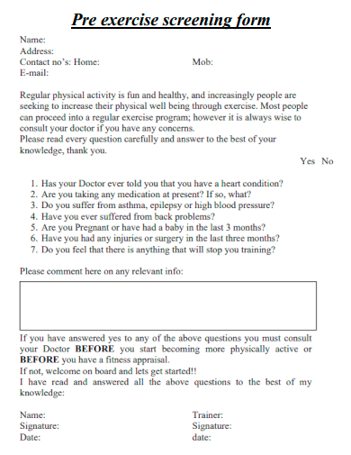 sample pre exercise screening form template
