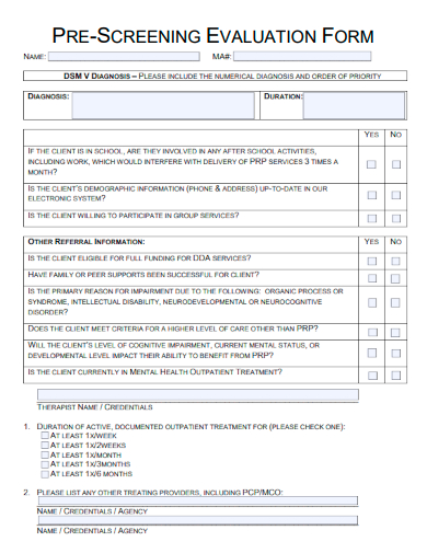 sample pre screening evaluation form template