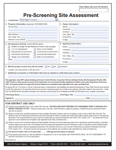 sample pre screening site assessment form template