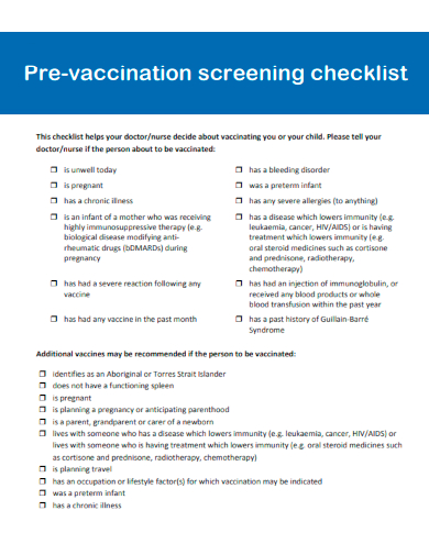 sample pre vaccination screening checklist template
