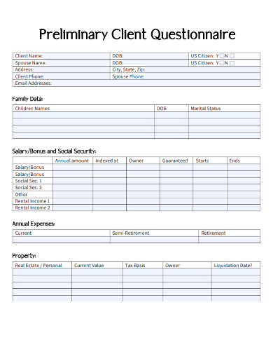 sample preliminary client questionnaire template
