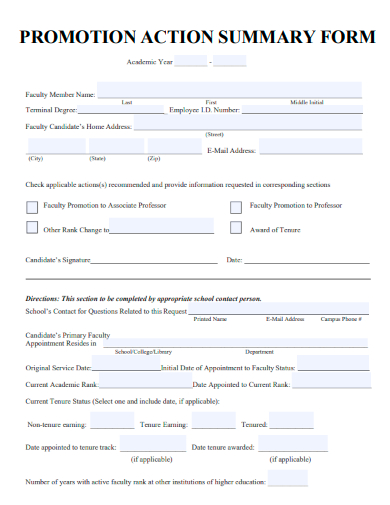 sample promotion action summary form template