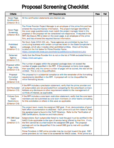 sample proposal screening checklist template