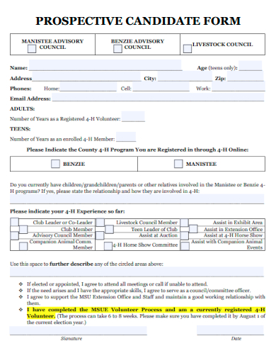 sample prospective candidate form template
