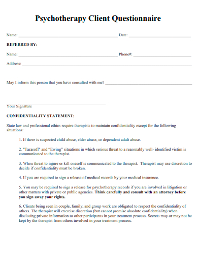 sample psychotherapy client questionnaire template