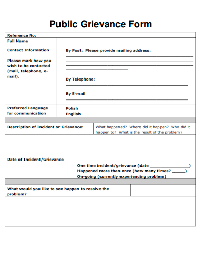 sample public grievance form template