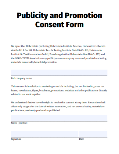 sample publicity and promotion consent form template