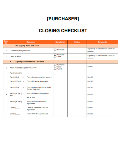 sample purchaser closing checklist template