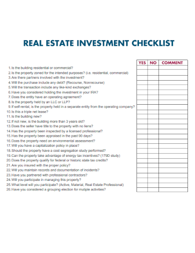 sample real estate investment checklist templates