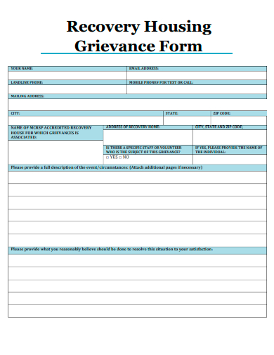 sample recovery housing grievance form template