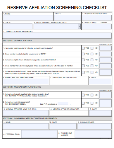 sample reserve affiliation screening checklist template