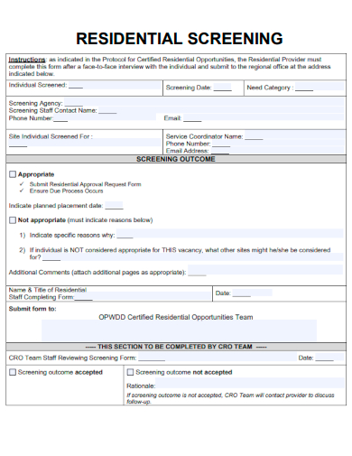sample residential screening form template